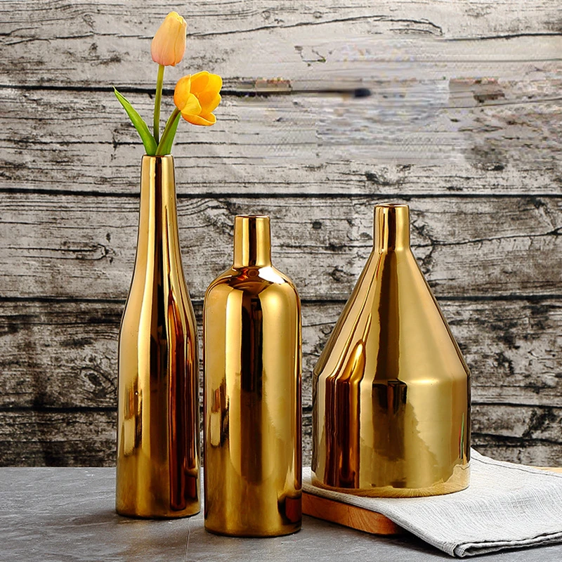 

Home Decor Electroplating Golden Ceramic Vase Nordic Modern Living Room Decoration Countertop Hydroponic Vase Dried Flower Vase