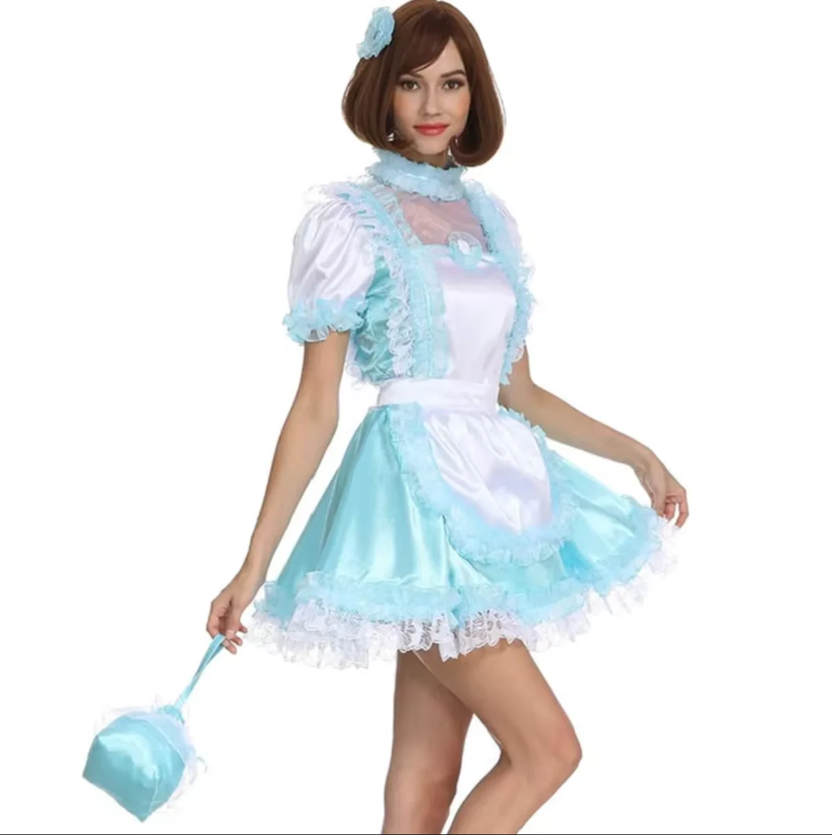 

French Sexy Adult Custom Fetish Cross Dressing Sissy Sky Blue Patchwork White Satin Chest Transparent Sheer Dress