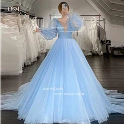 LISM Simple A Line Light Blue Evening Dresses Korea Wedding Photoshoot Puff Long Sleeves V Neck Bride Dress Party Birthday Gowns