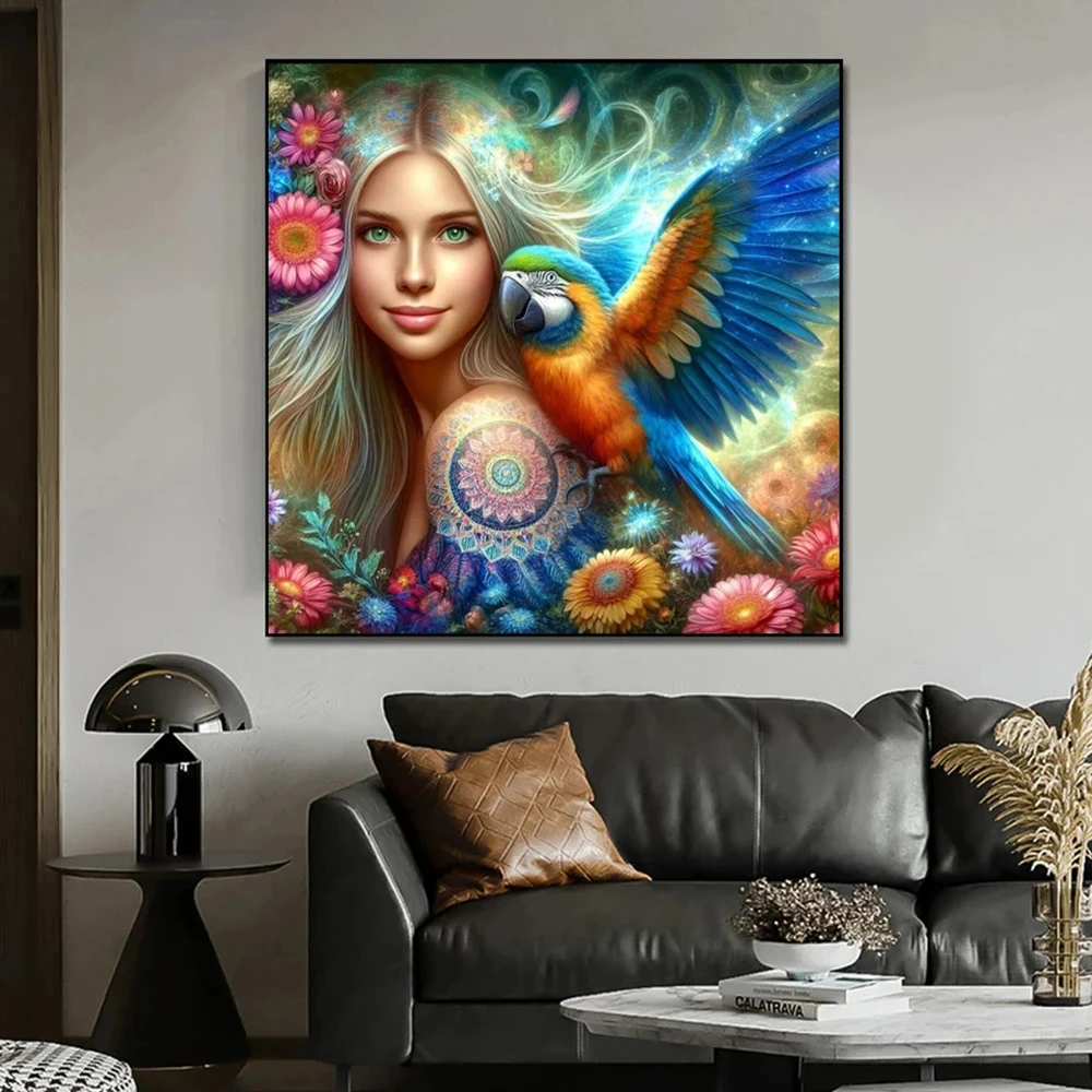 DIY Diamond Painting New 2024 Cross Stitch Kit Woman and Parrot Flowers Mosaic Diamond Embroidery Home Decoration