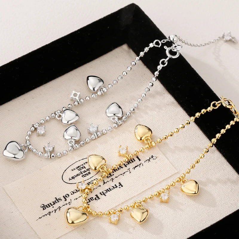 

New in Creative Diamond Heart Glossy bracelets woman silver 925 Light Luxury Adjustable Round Beads Bracelet Party Jewelry