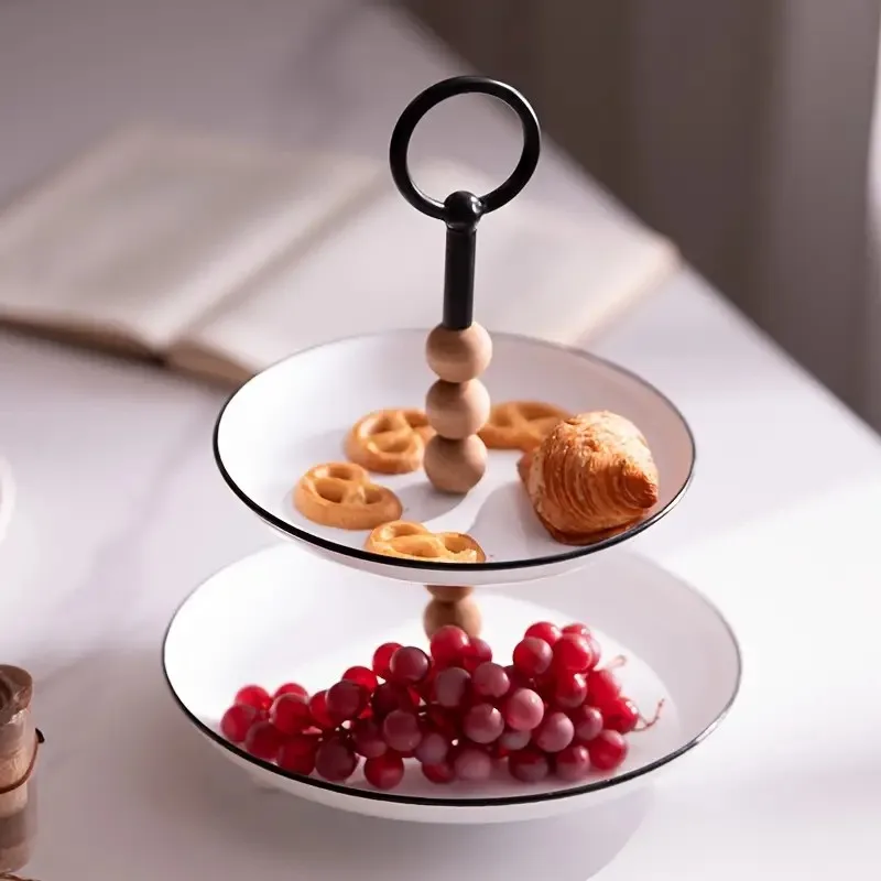 Modern Nordic Iron and Wood Two-Tier Dessert Stand, Minimalist Snack Tray, Elegant Fruit Plate, Home Decor Display