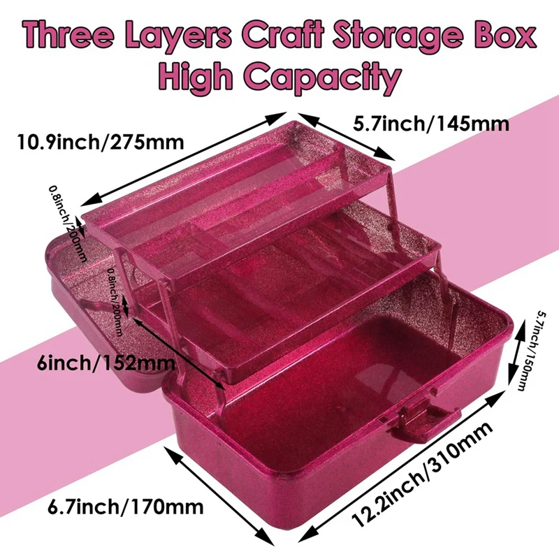 Glitter Pink & Craft Tool Storage Box,3-Layer Stackable Carry Tackle Box Sewing Box Organizer for Art-A07G