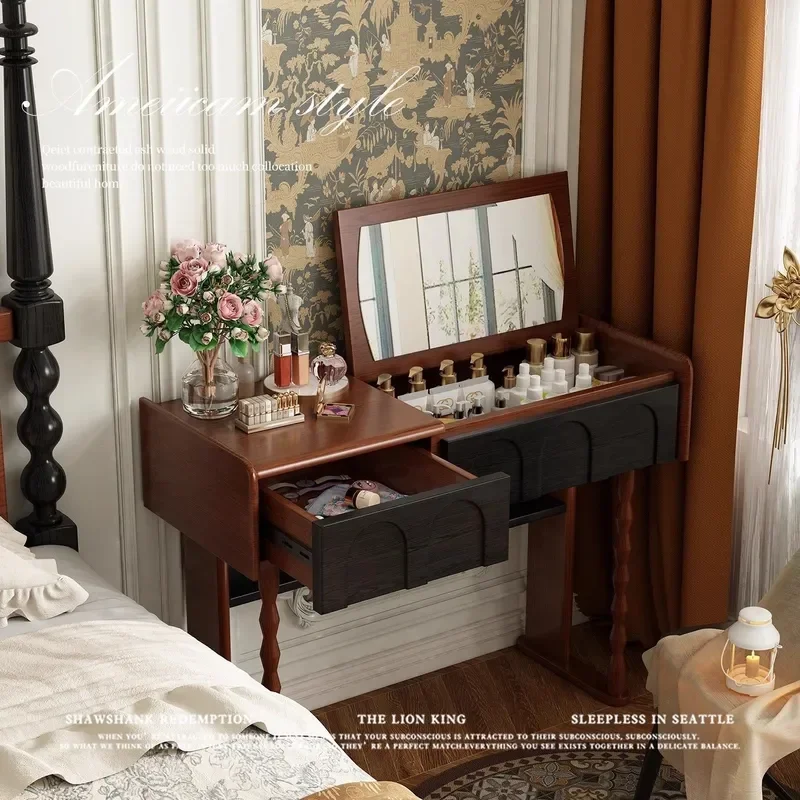 for Ash Wood Solid Wood Dresser Master Bedroom Antique Premium Makeup Table Clamshell with Drawers American Retro Style
