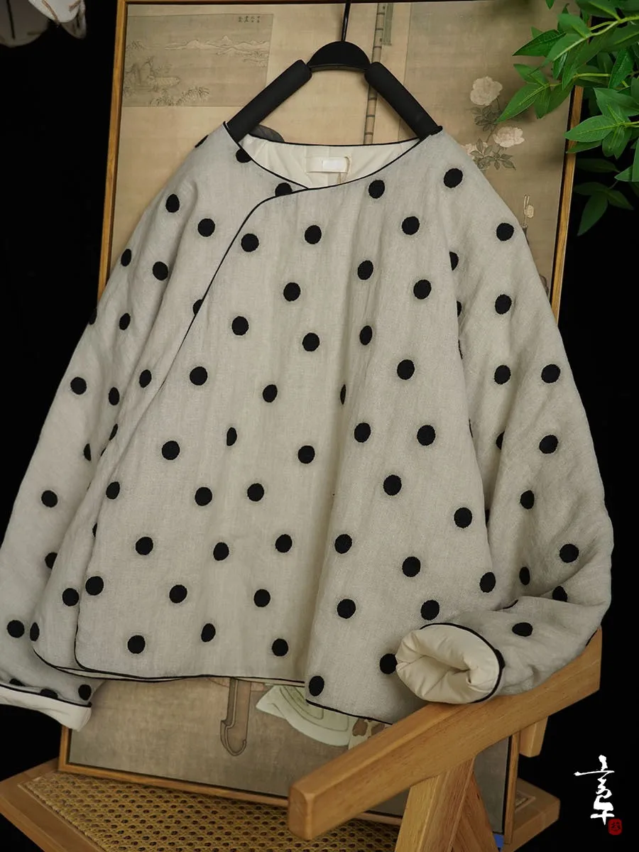 Retro Zen Polka Dot Cotton Linen Thick Winter Coat Women's Casual Long Sleeve round Neck Warm Tea Ceremony Suit Top