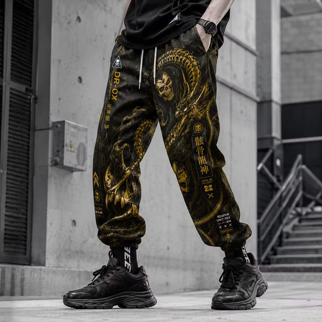 New Men's Black & Gold Dragon-Pattern Joggers – Gothic-Oriental Streetwear Style; Drawstring Casual Outdoor Athletic Pants
