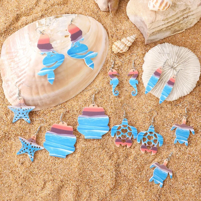 Blue Bohe Acrylic Shell Starfish Turtle Dangle Earring For Women Summer Beach Sea Horse Drop Geometric Earring Fashion Jewelry