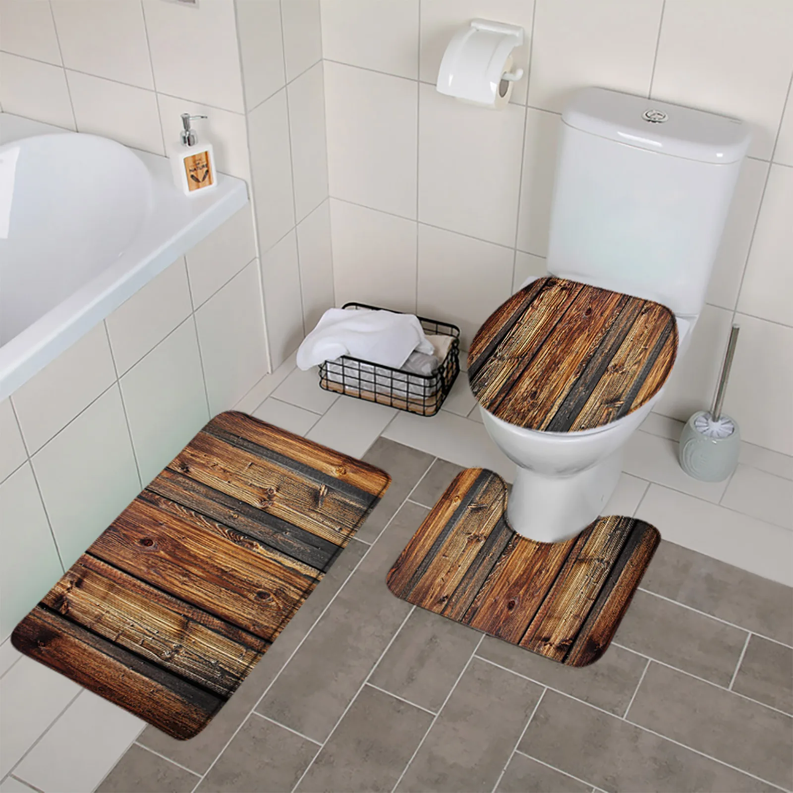 Bamboo 3pcs Bathroom Mat Sets Rural Barn Door Wood Grain Vintage Shower Rugs Carpet Toilet Lid Cover Anti Slip Bathroom Decor