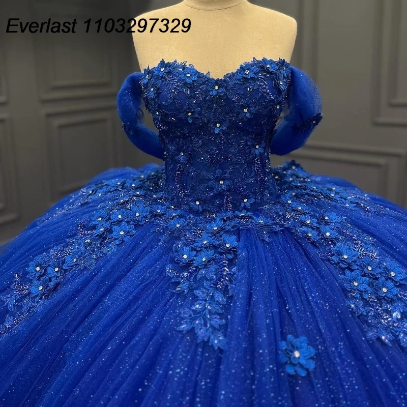 EVLAST Customized Royal Blue Ball Gown Quinceanera Dress 3D Floral Lace Applique Beading Sweet 15 Vestido De 15 Anos TQD576