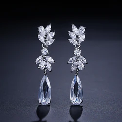 ZAKOL White Zircon Leaf Dangle Earrings for Women Shinny Water Drop Crystal Flower Pendant Earring Bridal Wedding Jewelry