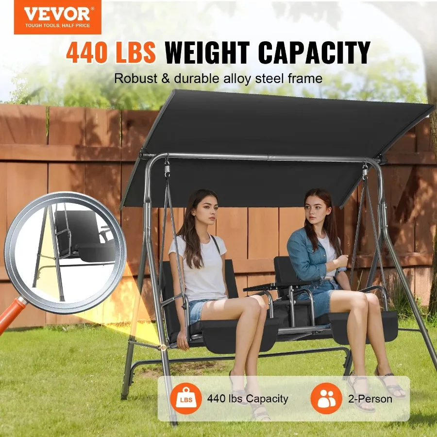 2-Seat Patio Swing Chair Outdoor Patio Swing with Adjustable Canopy Porch Swing with Storage Bag and Rotating Tray Oxford Fabr