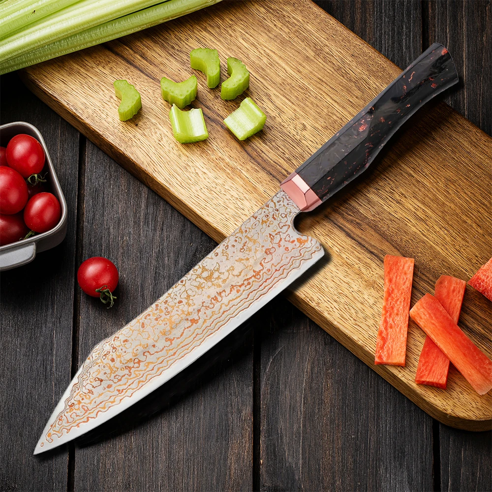 YAN  Japanese 5PCS 77 Layers Rainbow Damascus VG10 10Cr15CoMoV Kiritsuke Kitchen Knife Copper Bolster Carbon Fiber Handle