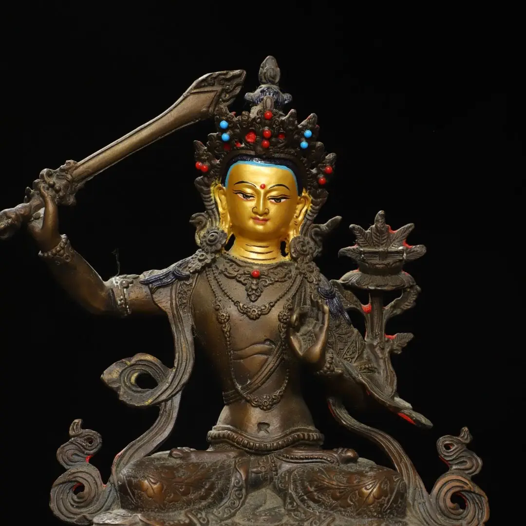 Handmade Sword Manjushri Statue Tibetan Copper Carved Home Desktop Art Decor