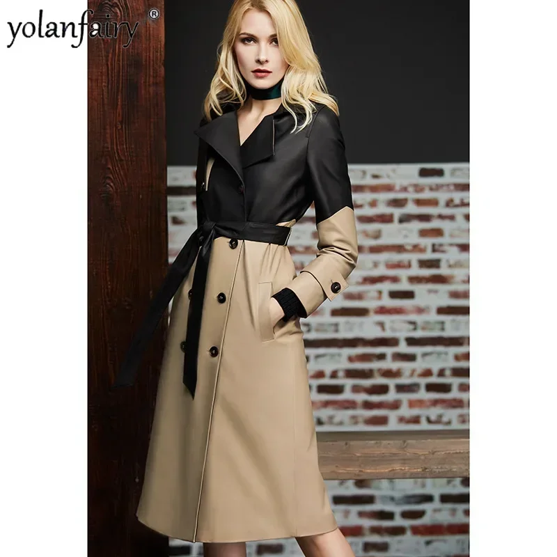 Women's Genuine Leather Jacket Autumn Contrast Color Mid-length Leather Coats Fashion Belt Real Sheepskin Coat for Women Clothes