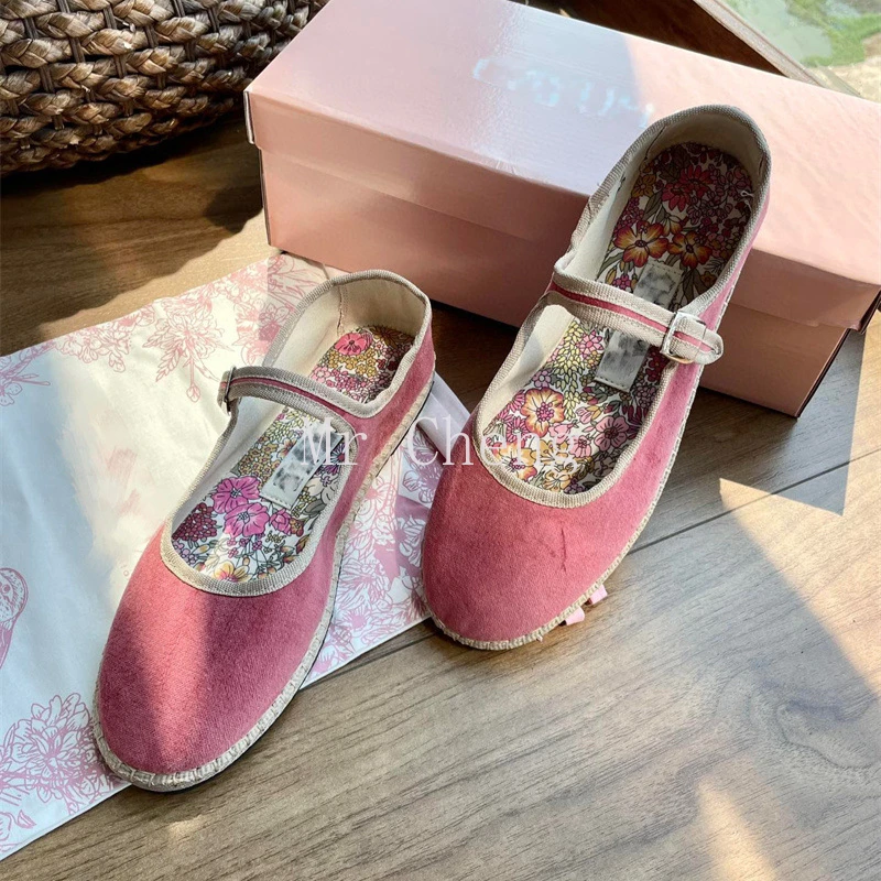 

Boheme Rosa Beige Pink Sweet Simple Elegant Autumn New Vintage Mary Jane Women's Shoes Velvet Ballet Flats Luxury Designer Shoes