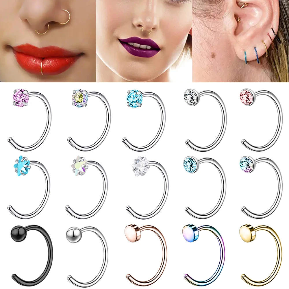 ZS 1PC 20G C Shape Nostril Piercing Women Zircon Hoop Nose Ring Black Open Hoop Earring Men Open Lip Rings Jewelry Nostril Studs