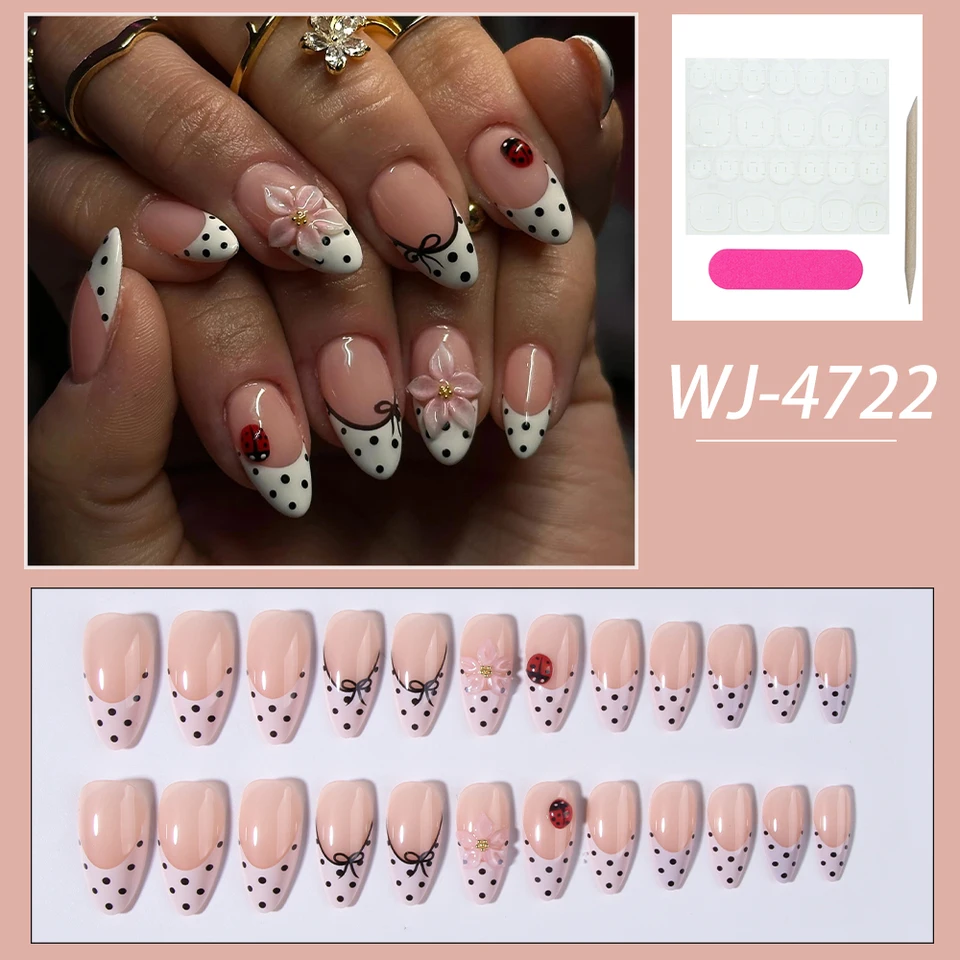 Set de 24pcs uñas press-on cortas ovaladas con flores 3D de gel, mariquitas y diseño de lunares, punta francesa acrílica 6