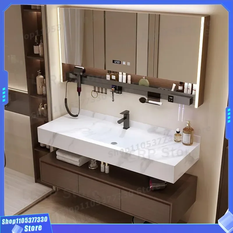 Walnut Bathroom Vanity Cabinet with Rock Slab Integrated Basin Medieval Style Hot Bending Wash Basin Combo for Toilet Room