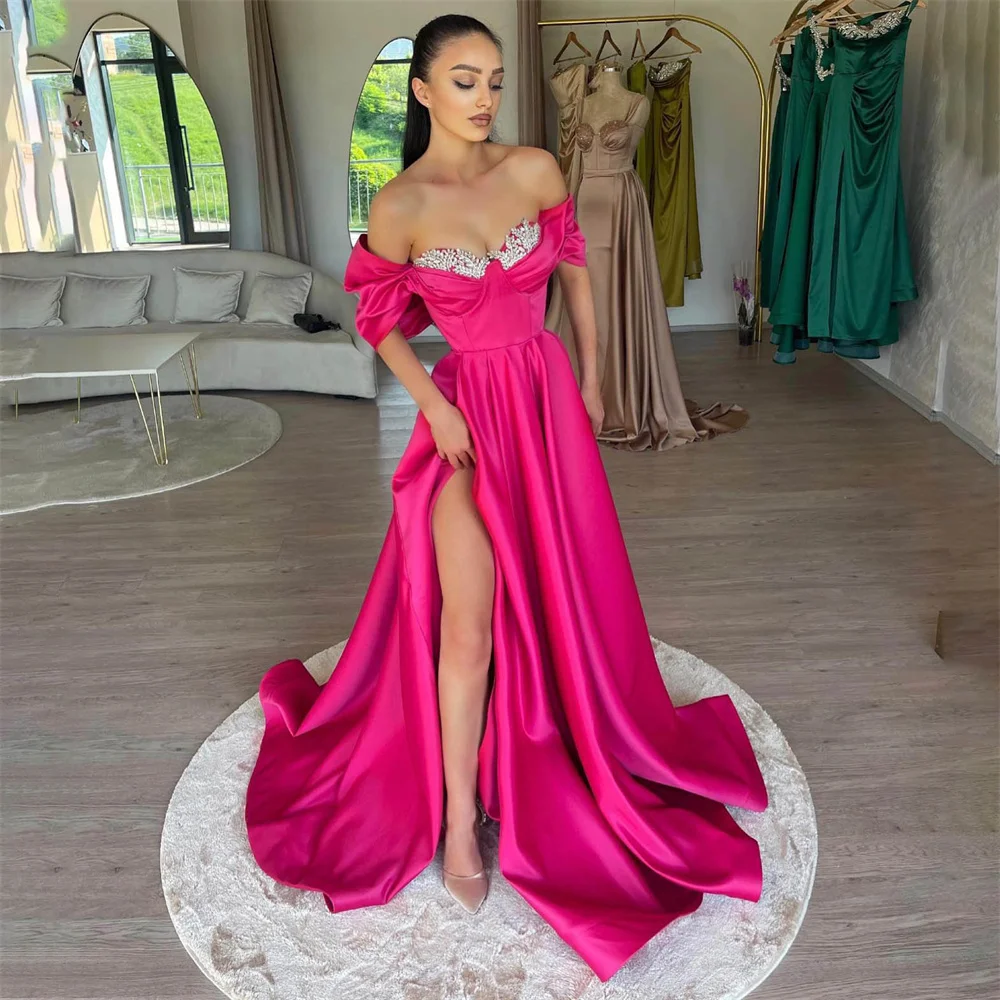 Lily Off the Shoulder Prom Dress Stain Beaded Party Dress A Line Celebrity Gowns Wedding Party Dress with Slit вечерние платья