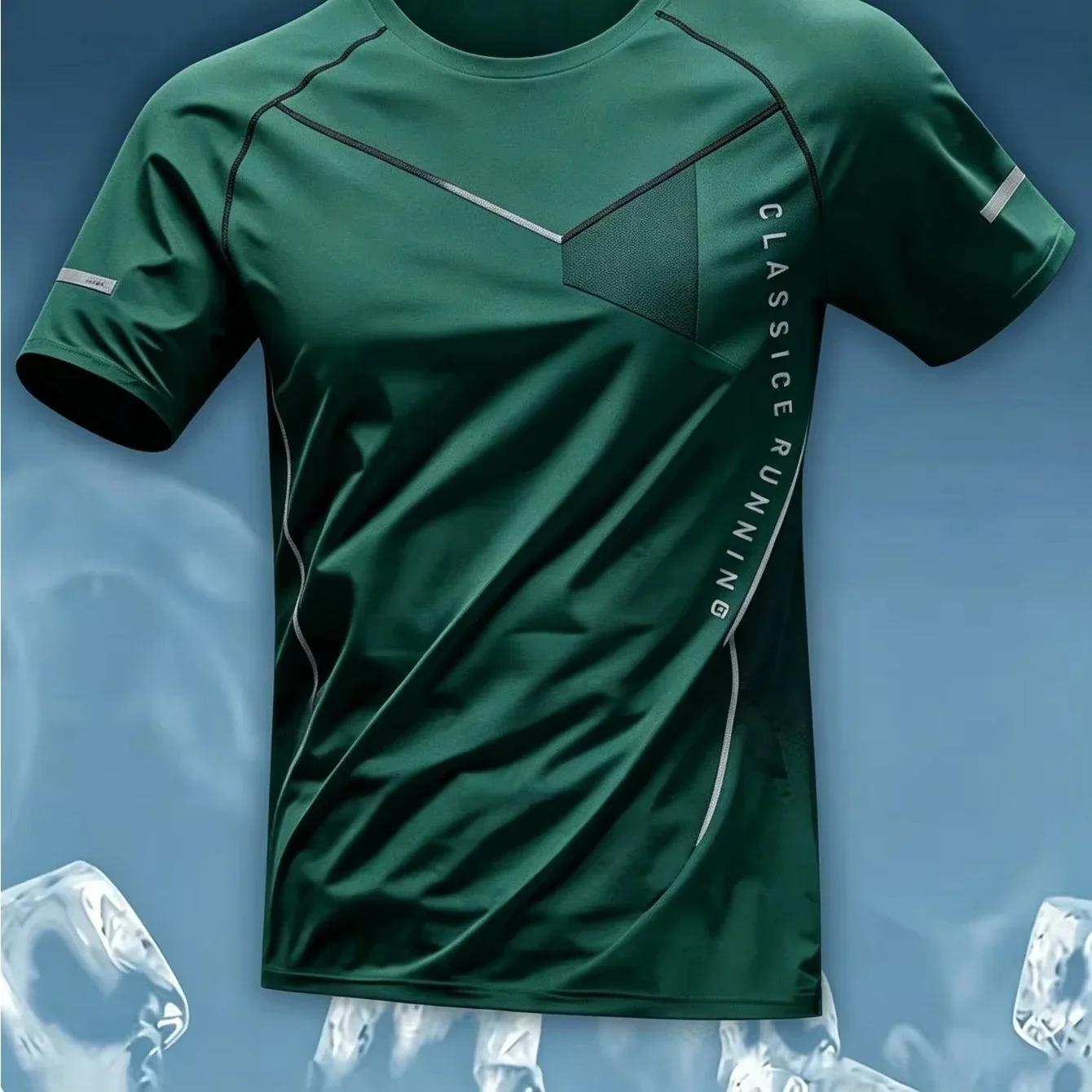 Men Sports Tee High Elastic Quick Dry Breathable Light Blue Geometric Letter Print Running Fitness T-shirt