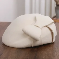 USPOP Elegant Stereotyped Bow Beret French Retro Big Bow Beret Hat for Women Autumn Winter Woolen Hat