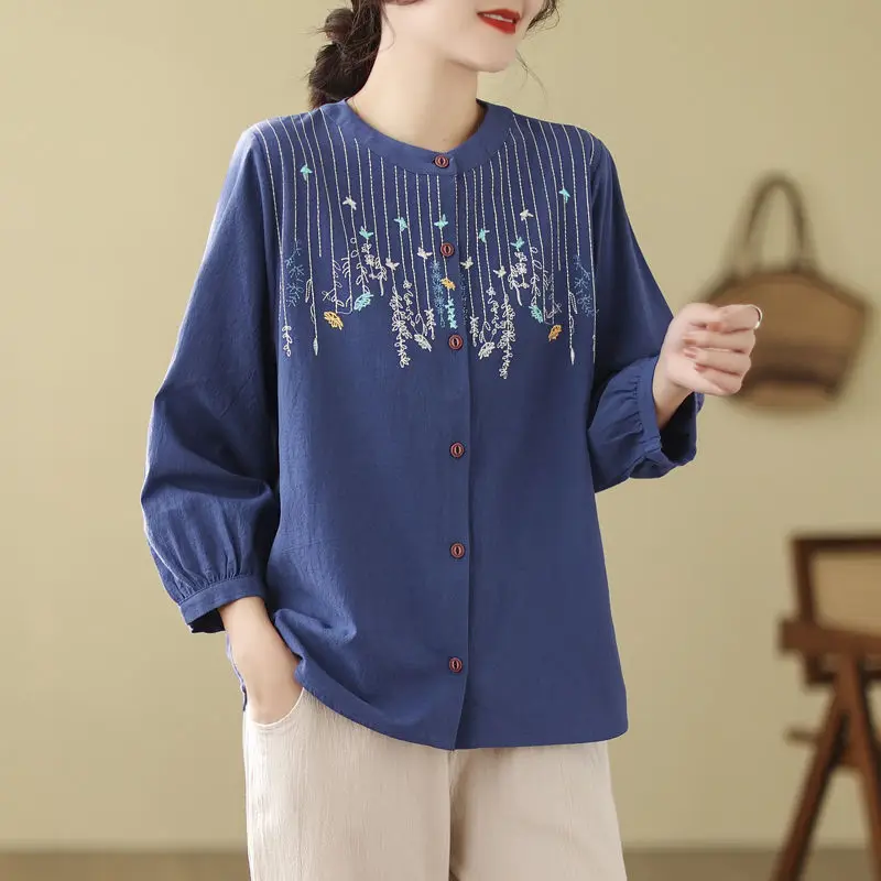 Women Spring Elegant Temperament Loose Embroidered Cotton and Linen O-neck Long Sleeve Shirts Ladies Casual All-match Trend Tops