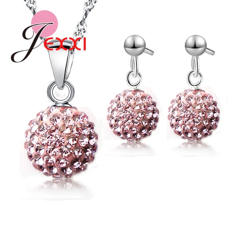 Austrian Pave Disco Ball Stud 925 Sterling Silver Earring Pendant Necklace Austria Crystal Woman Jewelry Sets   Gift