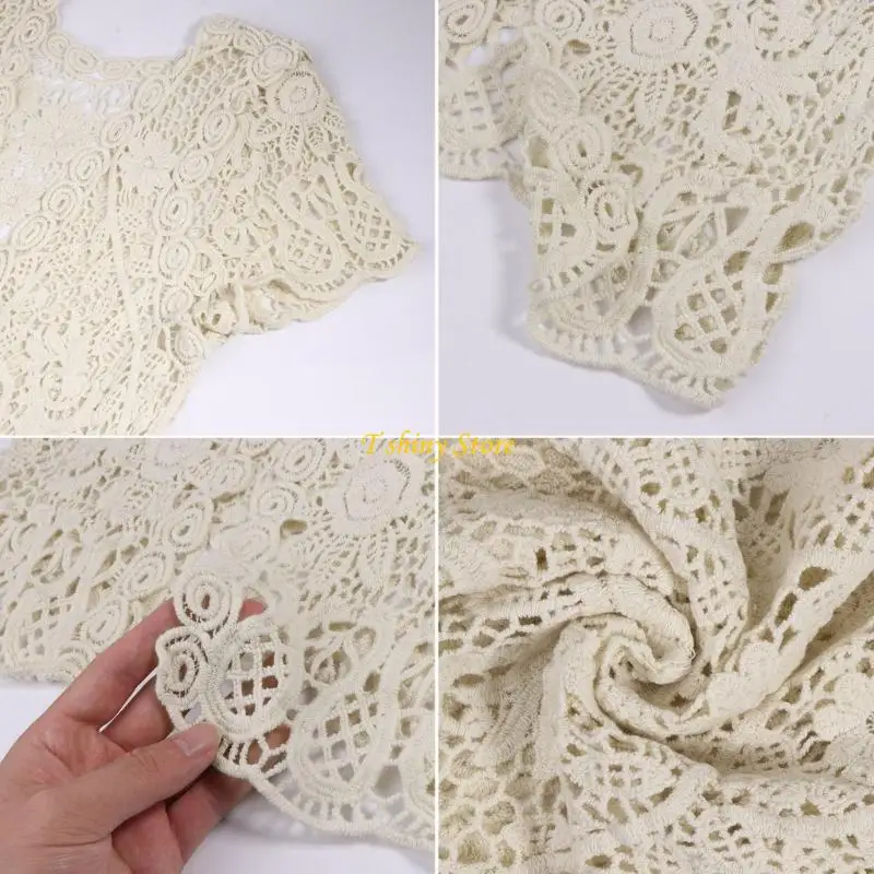 

N58F женские вязаные крючком плечи с коротким рукавом, ажурное цветочное кружево с открытой передней частью, укороченный крем,