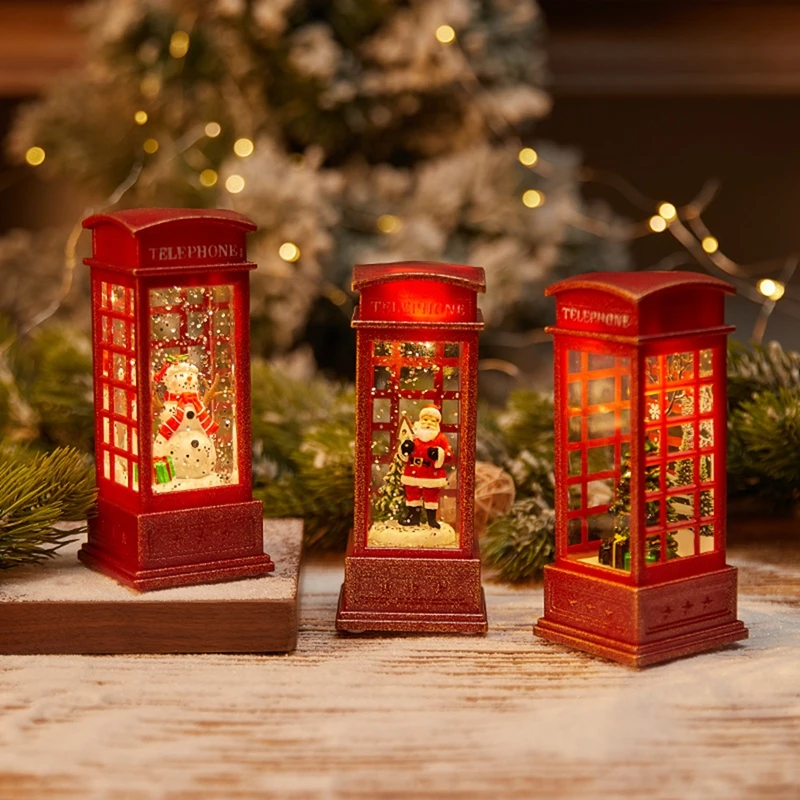 Merry Christmas Decoration Desktop Ornament Luminous Telephone Booth With Snowman Tree Santa Claus Christmas Decoration For Home