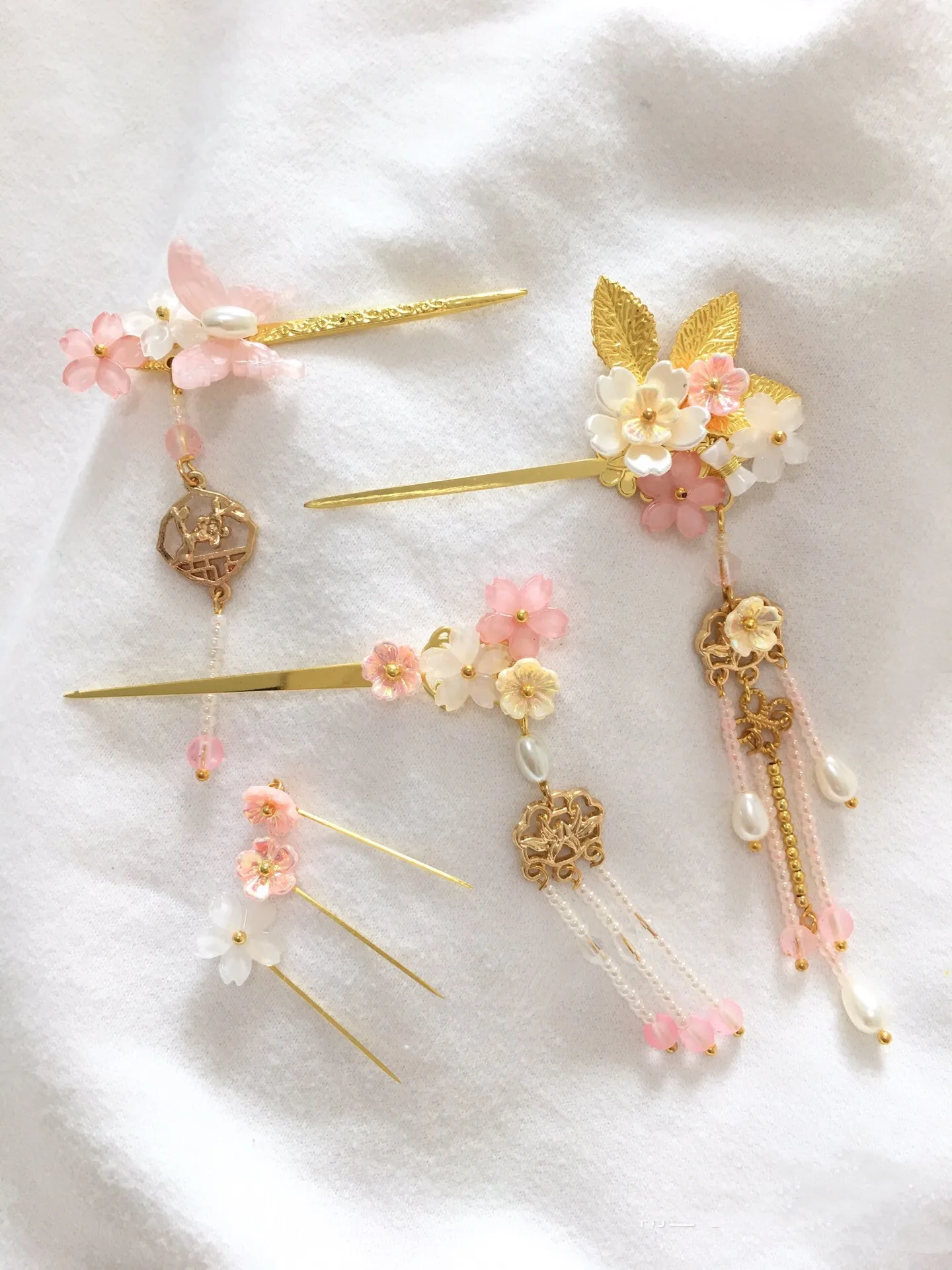 Pink BJD Ancient Style Headdress, Sweet Fringed Hairpins Tiara Set