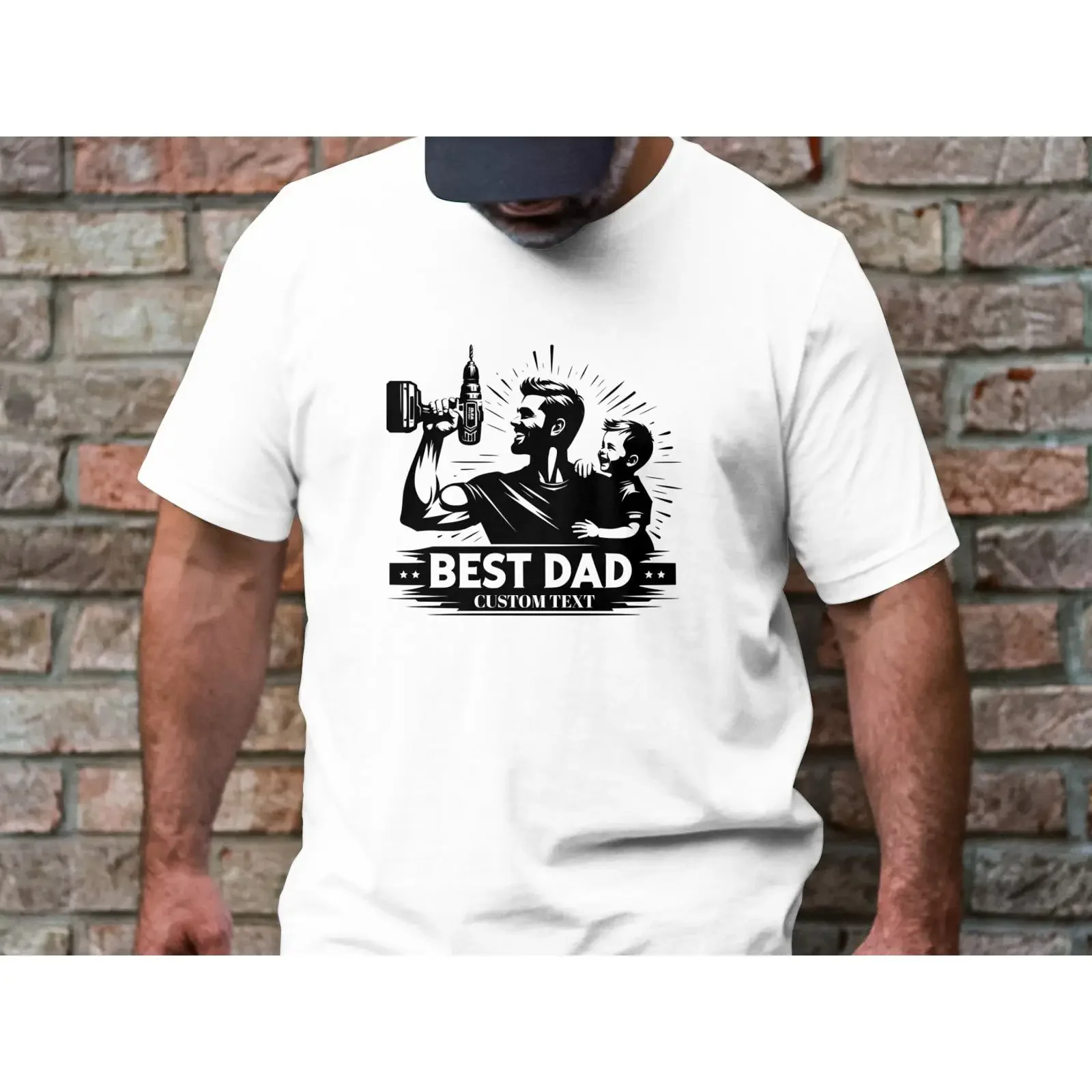 Individueller Text „Bester Papa“ Handwerker T-Shirt Vater Sohn Vatertag DIY-Enthusiasten Geburtstagsgeschenk Cooles Vintage-Washed Casual Herren