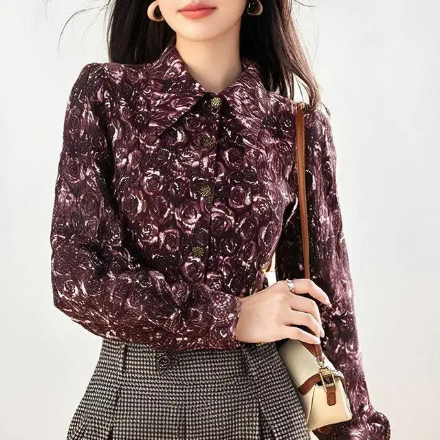 French Romantic Sfumato Print Shirt for Women Lantern Sleeve Shirt Unique and Chic Polo Collar Blouses Shirts