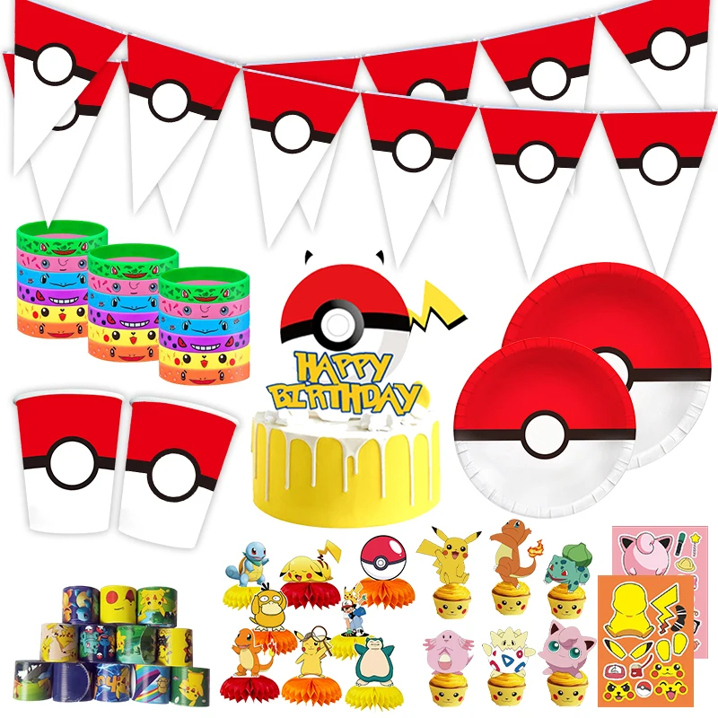 Pokemon Party Supplies Pikachu Party Dla Dzieci Happy Birthday Dekoracje Balony Tło Obrus Baner Zestaw Zastawy Stołowej