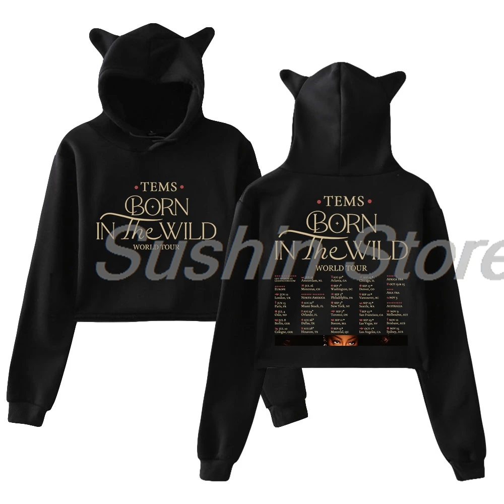 

Tems Born in The Wild World Tour 2024 Pullover Female Cat Ears Hoodie Long Sleeve Crop Top Women's Clothes