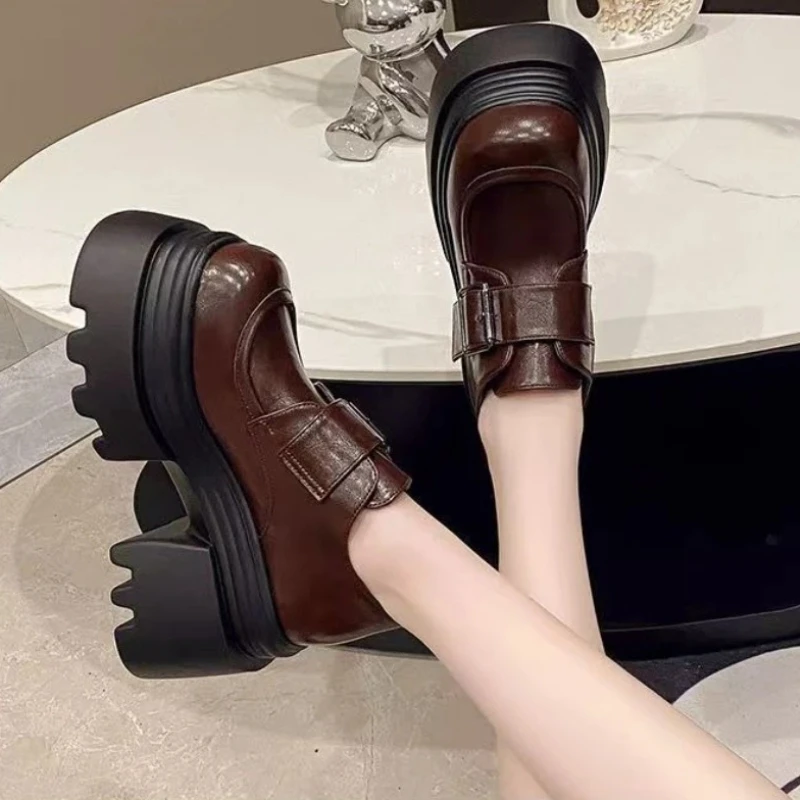 

Women Shoes 2025 Spring New Thick Sole Loafers High Heel Versatile Slimming Single Shoe British Style 10cm Height Increasing