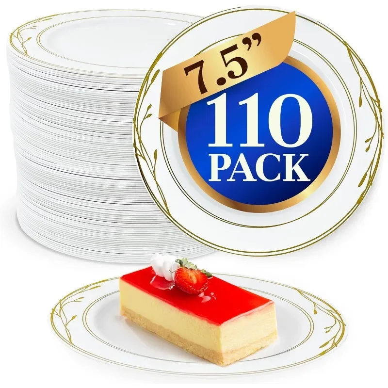 Disposable Plastic Plates, White & Gold Rim (110 Pcs, 7.5