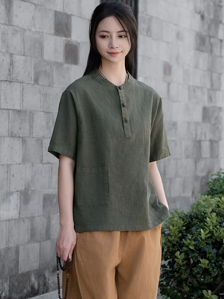 

Chinese Style Women Cotton Linen Casual T-shirts New Arrival 2025 Summer Vintage Plain Color Female Short Sleeve Tops Tees M1465