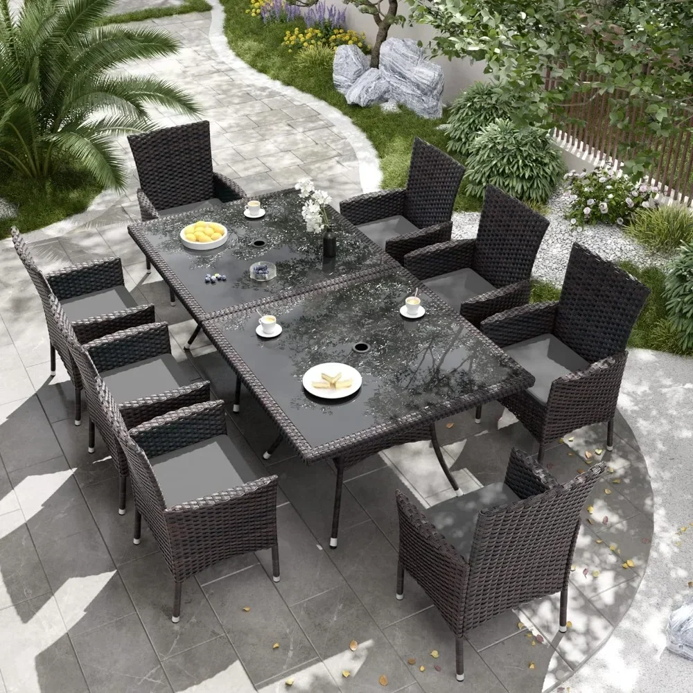 

Wicker Rattan Patio Furniture Set of 8 Chairs With Soft Cushions and 2 Square Tables With Umbrella Cutout Grey Outdoor Chair