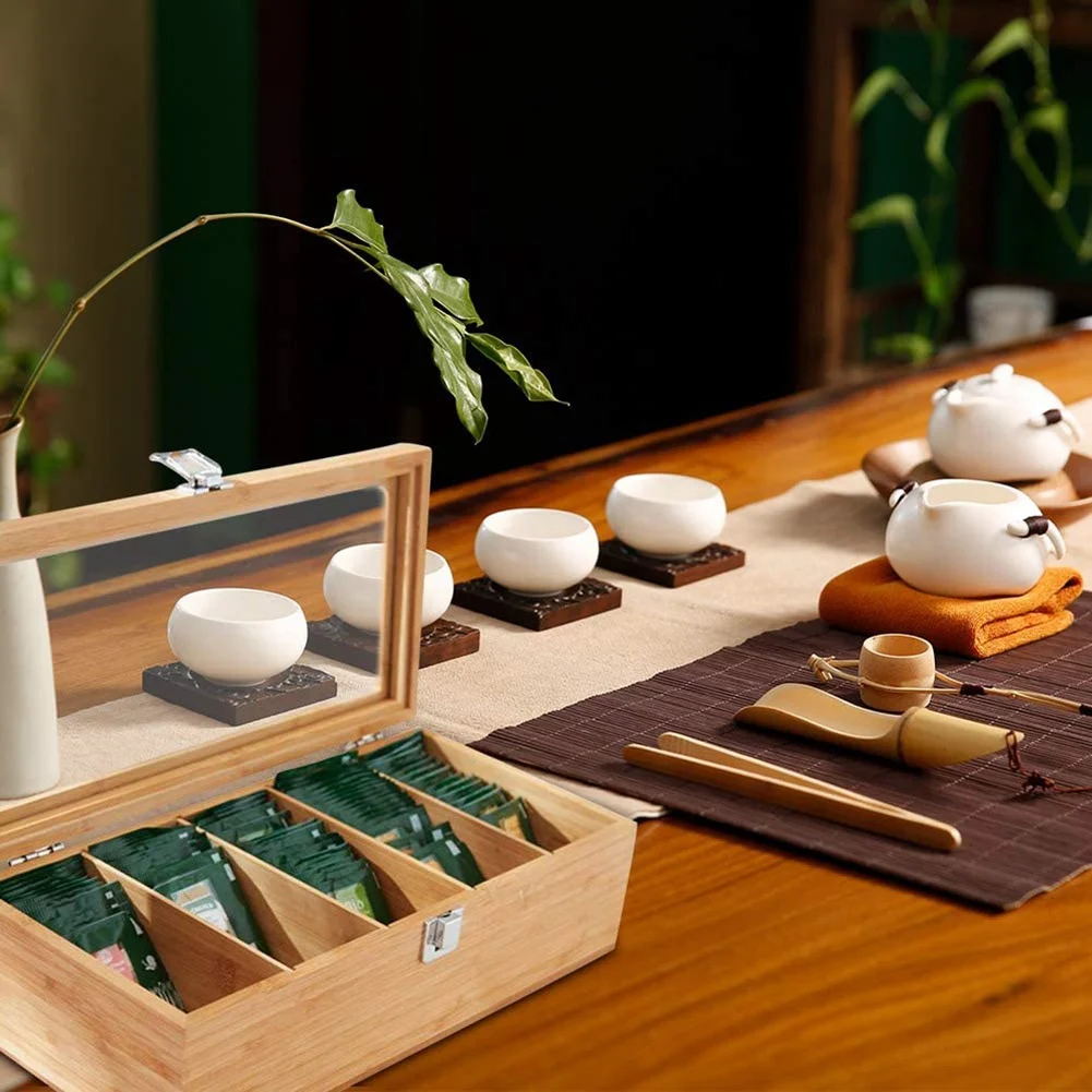 High-end Multifunctional Bamboo System Tea Bag Jewelry Organizer Storage Box 5 Compartments Tea Box Organizer Sugar Container