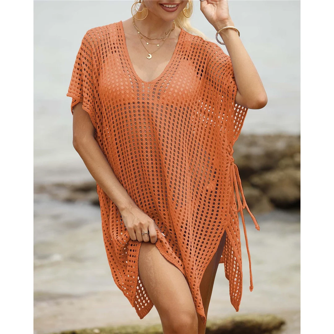 Kurzarm-Tunika mit V-Ausschnitt und Aushöhlungen, gehäkelt, Strickkleid, Strandkleid, Strandmode, Strandbekleidung, Strand-Cover-up, Damen, V8061 – Detail 15