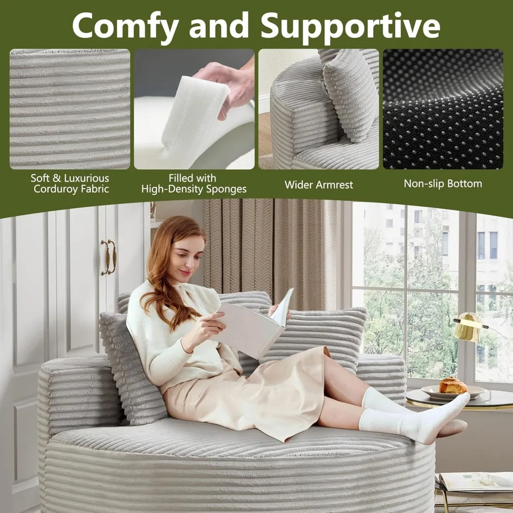 56-дюймовый круглый стул большого размера, шезлонг для дома, современный вельветовый стул с мягкой обивкой и глубоким сиденьем, удобный пушистый рукав