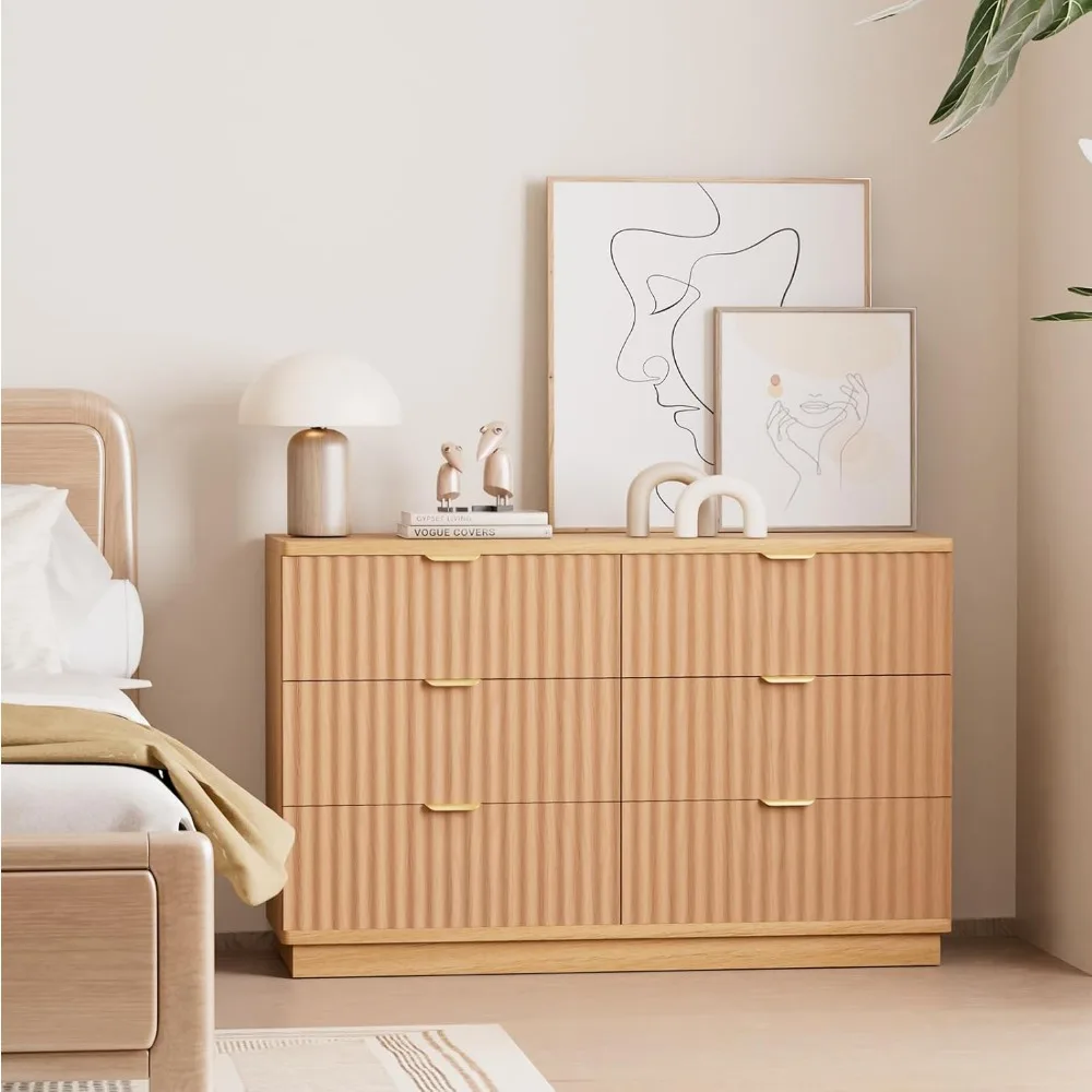 Cômoda moderna para quarto com 6 gavetas, baú largo 47,3 com perfil curvo, móveis de madeira para armazenamento de sala de estar