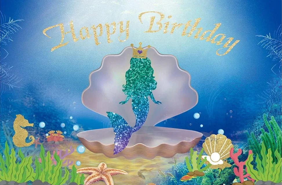 Under The Sea Mermaid Birthday Party Backdrop for Girls Photography Pearl Shell Glitter Scales Princess Birthday Background