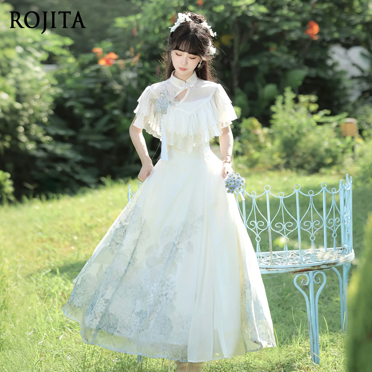 

Summer Chiffon Dress for Women Vintage Embroidered Pendant Short Sleeve Elegant Lolita Dress Summer Long Strap Dress and Shawl