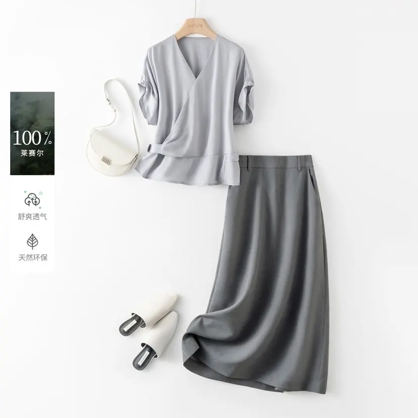 

New Office Lady Summer Women's Two Piece Set V-neck Short Sleeve Blouse Shirt + A-line Solid Color Skirt Elegant Fashion Suit