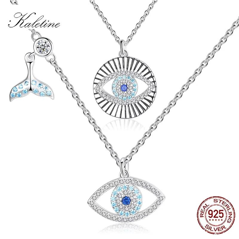 KALETINE Lucky Blue Eye Necklace 925 Sterling Silver Evil Eye Pendant Choker Fishtail Charms Necklace Jewelry Gift For Women Men