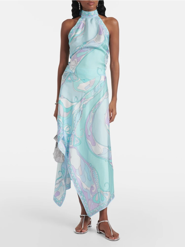 

Casual Print Vacation Women'S Outfits Elegant Satin Beach Sets Vintage Lace Up Backless Halter Tops&Irregular Half Skirt 2 Piece