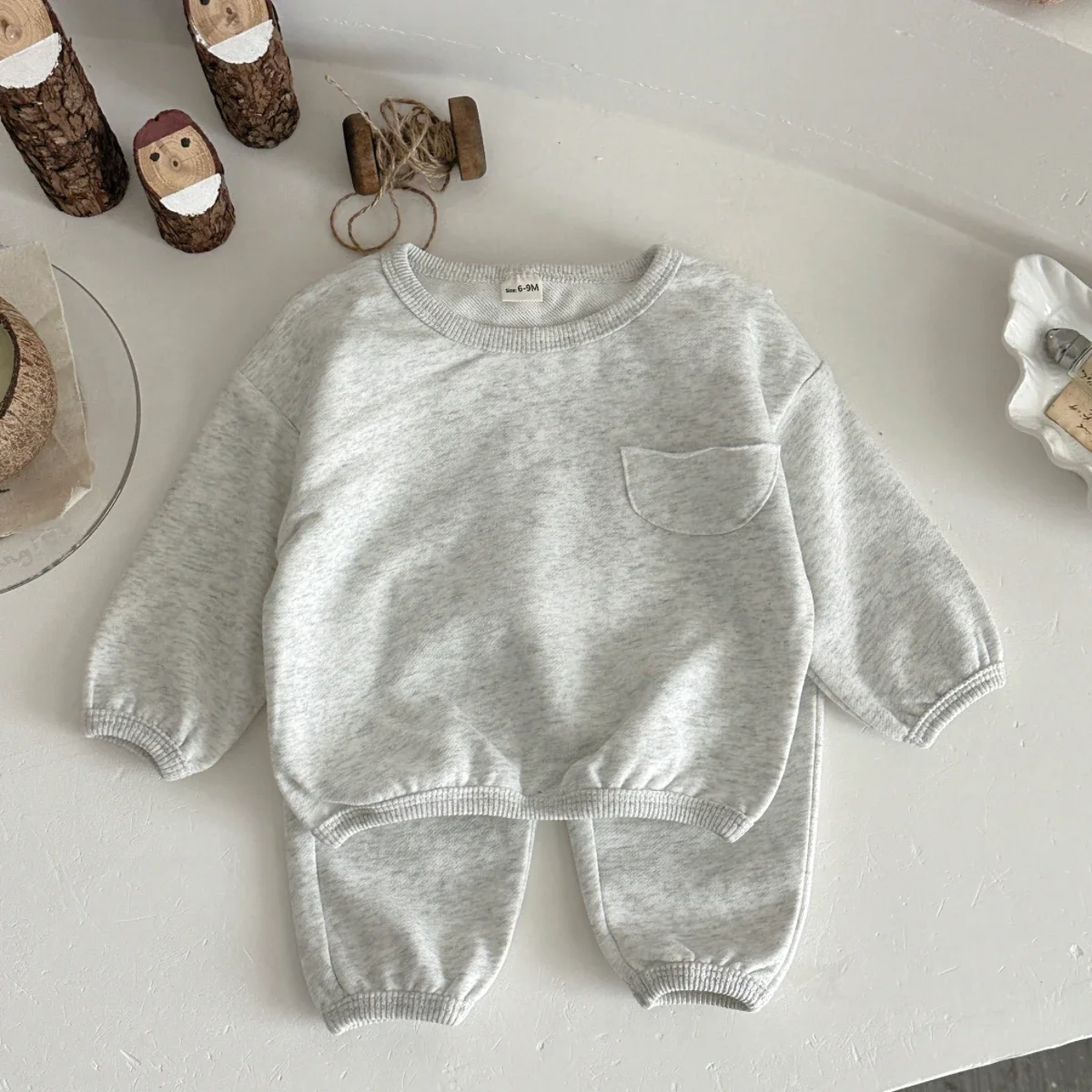 Infant Toddler Korean Basic 2Pcs Outfit Baby Autumn Solid Pocket Sweatshirt And Elastic Jogger Pants Set For Daily Outdoor
