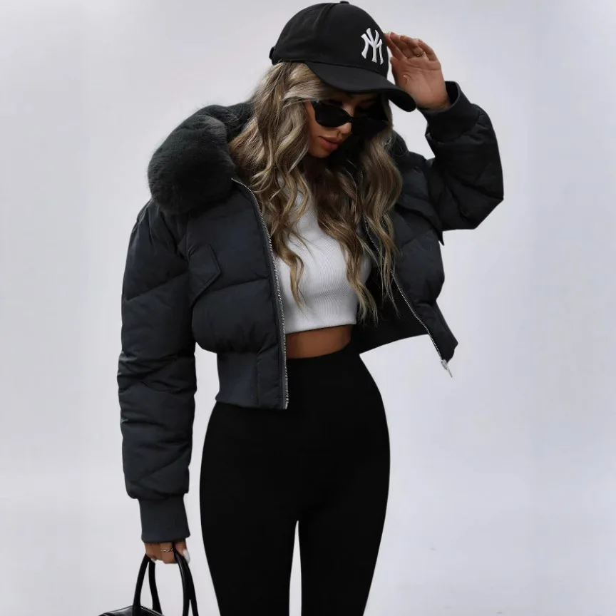 

2025 зимняя новая женская короткая куртка со съемным меховым воротником для девочек, хлопковое пальто для женщин