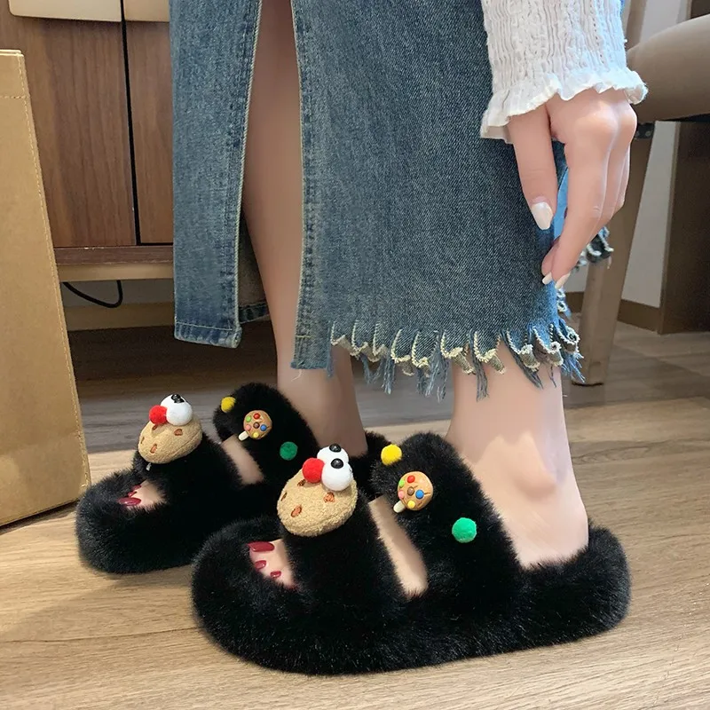 real photos cartoon Outdoor Cotton Slippers Furry Warm Faux Fur Slides Autumn New Non-slip Thick Bottom Plush Shoes for Winter